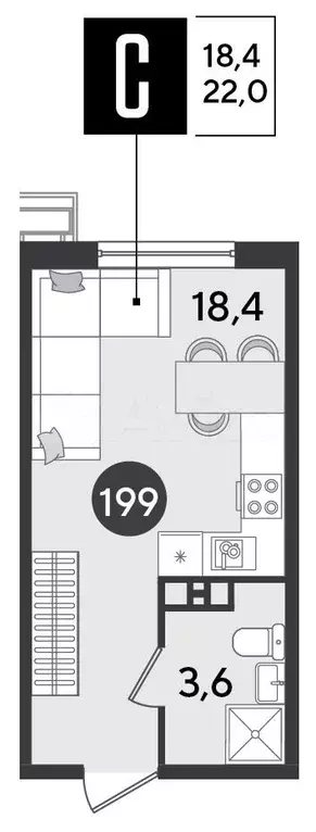 Квартира-студия, 22 м, 7/9 эт. - Фото 1