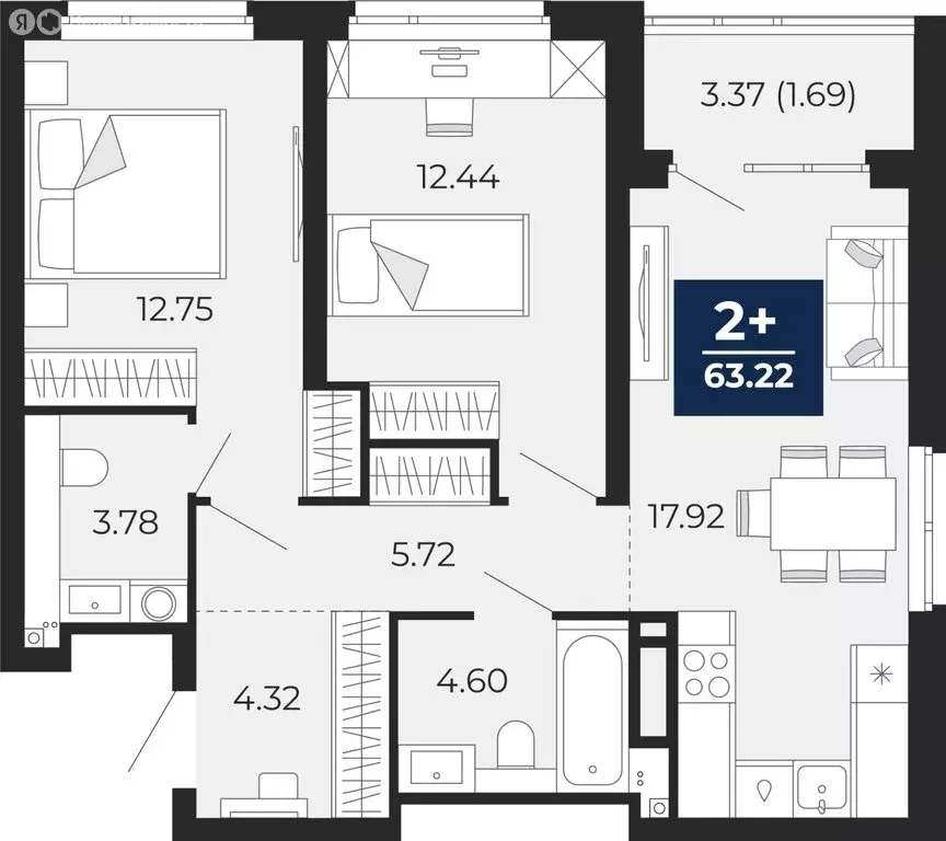 2-комнатная квартира: Тюмень, Арктическая улица, 10 (64.9 м) - Фото 1