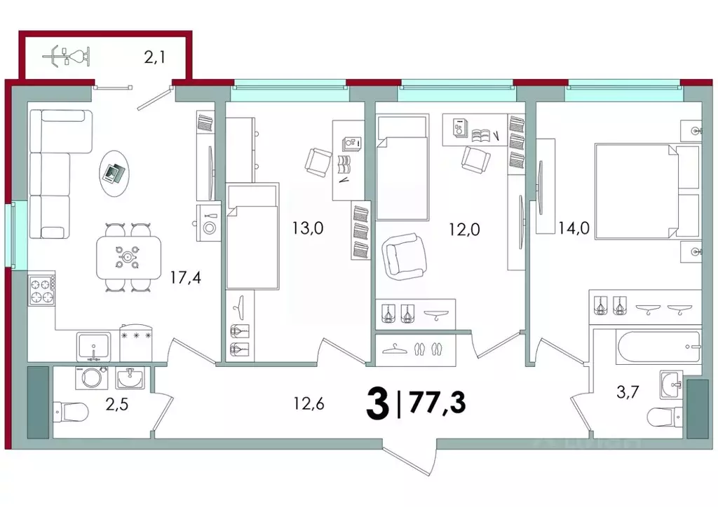 3-к кв. Тверская область, Тверь ул. С.Я. Лемешева, 6 (77.3 м) - Фото 1