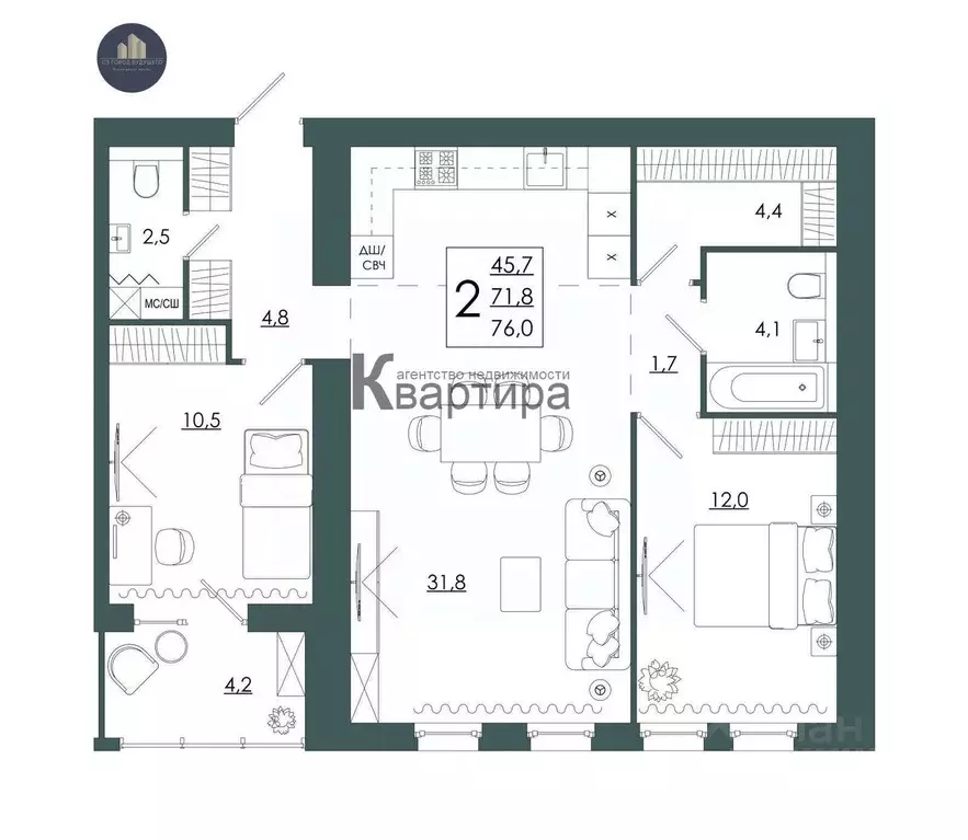 2-к кв. Смоленская область, Смоленск ул. 2-я Киевская, 20А (76.0 м) - Фото 1