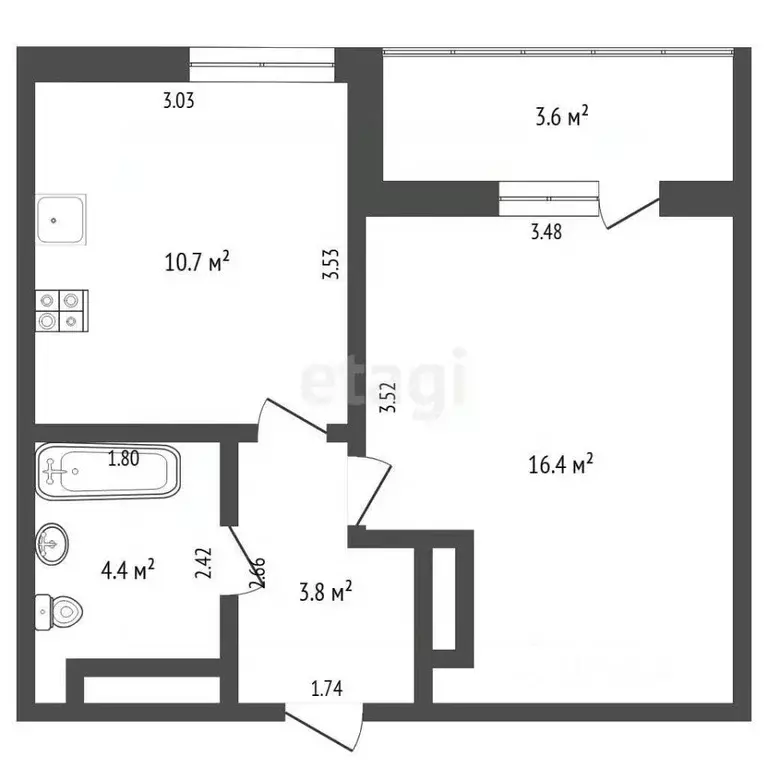 1-к кв. Тюменская область, Тюмень ул. Газовиков, 44 (39.73 м) - Фото 1
