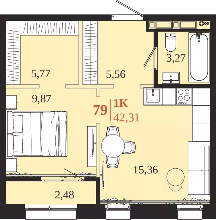 1-к кв. Иркутская область, Иркутск 1661 жилой комплекс (42.31 м) - Фото 1