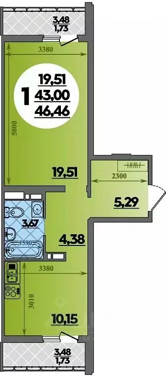 1-к кв. Адыгея, Майкоп  (46.46 м) - Фото 1