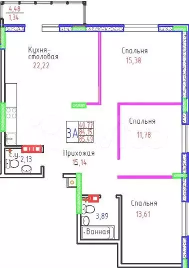 3-к. квартира, 85,4м, 6/9эт. - Фото 1