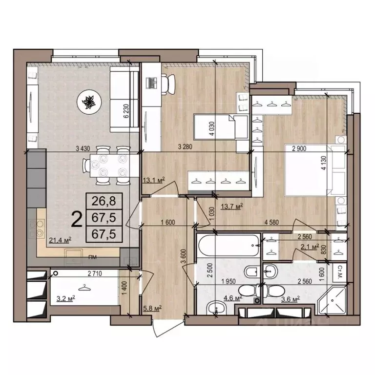 2-к кв. Рязанская область, Рязань ул. Новоселов, 33Б (67.5 м) - Фото 1