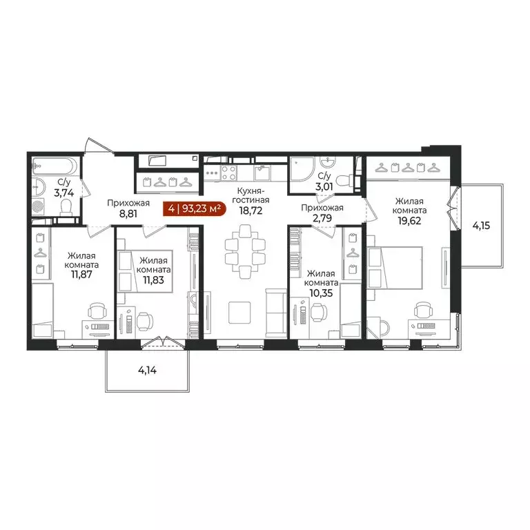 4-комнатная квартира: Всеволожский район, посёлок Щеглово (93.23 м) - Фото 1