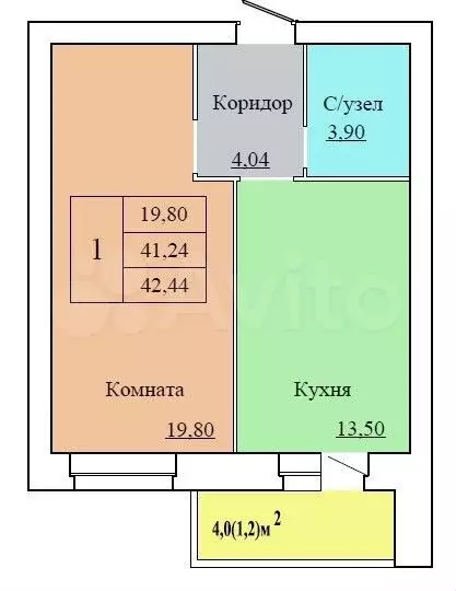 1-к. квартира, 42,4 м, 4/12 эт. - Фото 0