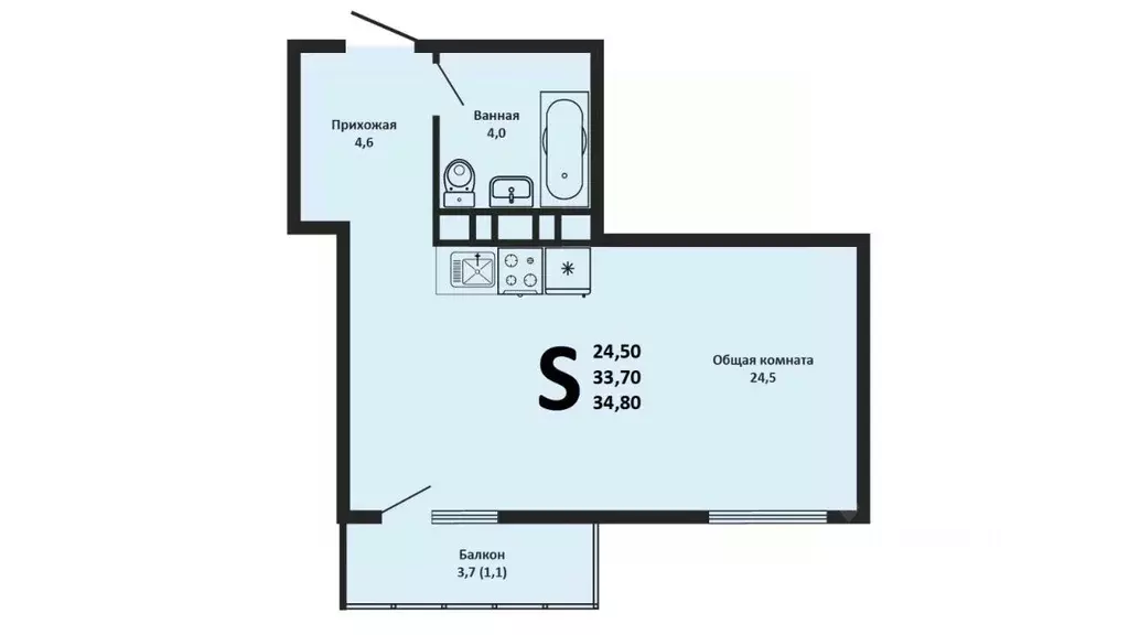 Студия Краснодарский край, Краснодар Старокубанская ул., 123А (33.8 м) - Фото 0