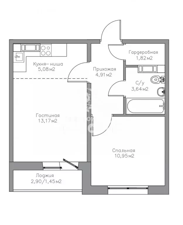 Квартира, 1 комната, 40.92 м - Фото 1