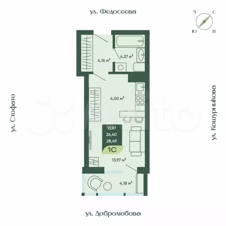 Квартира-студия, 28,5 м, 8/18 эт. - Фото 1