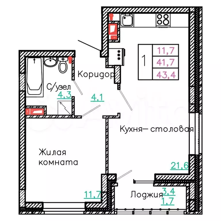 1-к. квартира, 43,4 м, 10/13 эт. - Фото 0