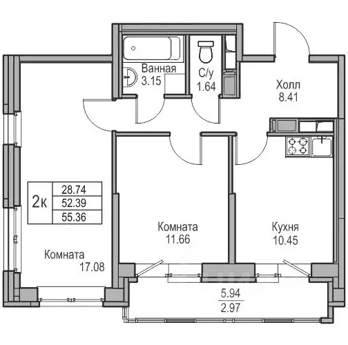 2-к кв. Санкт-Петербург ул. Ивинская, 1к3 (52.39 м) - Фото 0