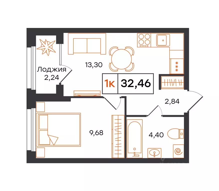 1-к кв. Тюменская область, Тюмень Полевая ул., 117к13 (32.46 м) - Фото 1