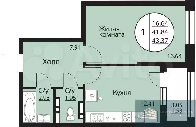 1-к. квартира, 43,4 м, 10/24 эт. - Фото 0