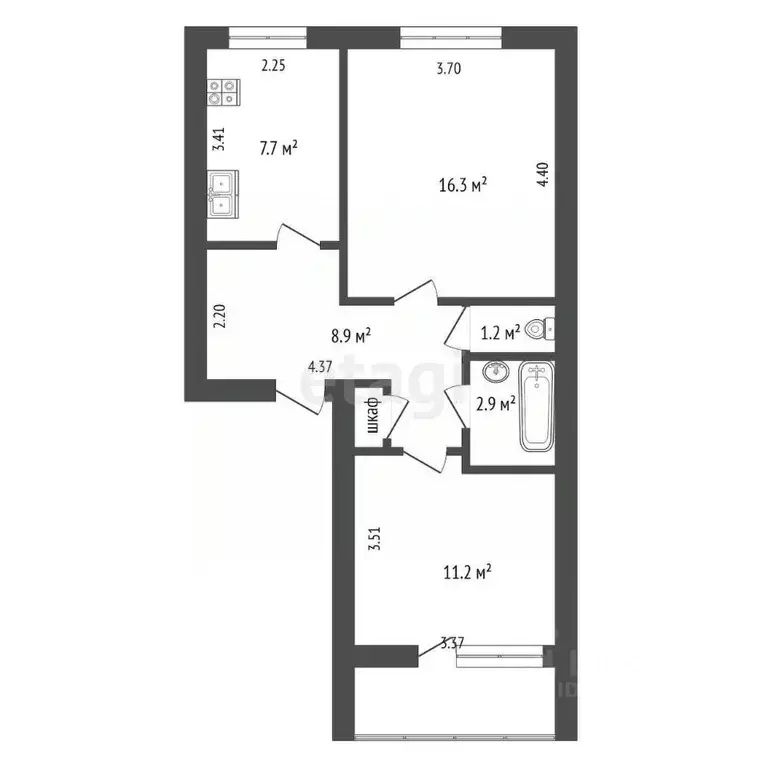2-к кв. Кемеровская область, Кемерово ул. Попова, 11 (48.8 м) - Фото 1