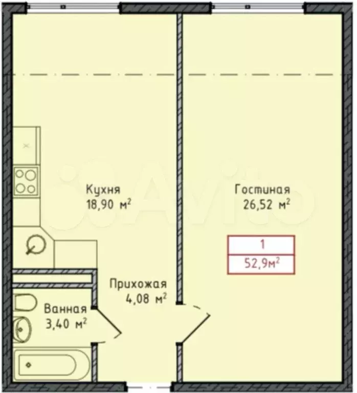 1-к. квартира, 52,9 м, 3/8 эт. - Фото 1
