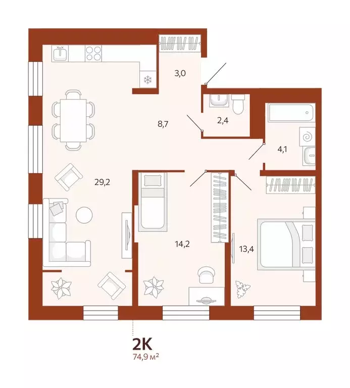 2-комнатная квартира: Тюмень, улица Новаторов, 28 (74.92 м) - Фото 0