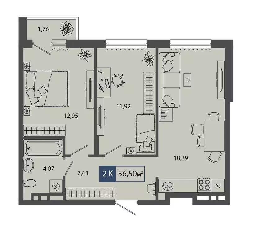 2-комнатная квартира: Тюмень, улица Владимира Соболевского, 5 (56.5 м) - Фото 1