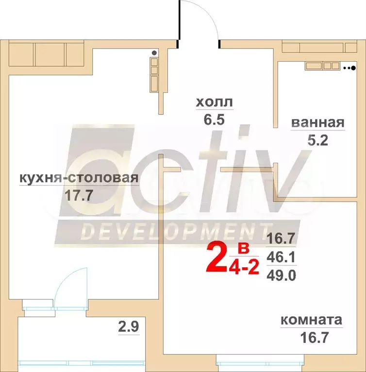 2-к. квартира, 49,2 м, 7/7 эт. - Фото 1