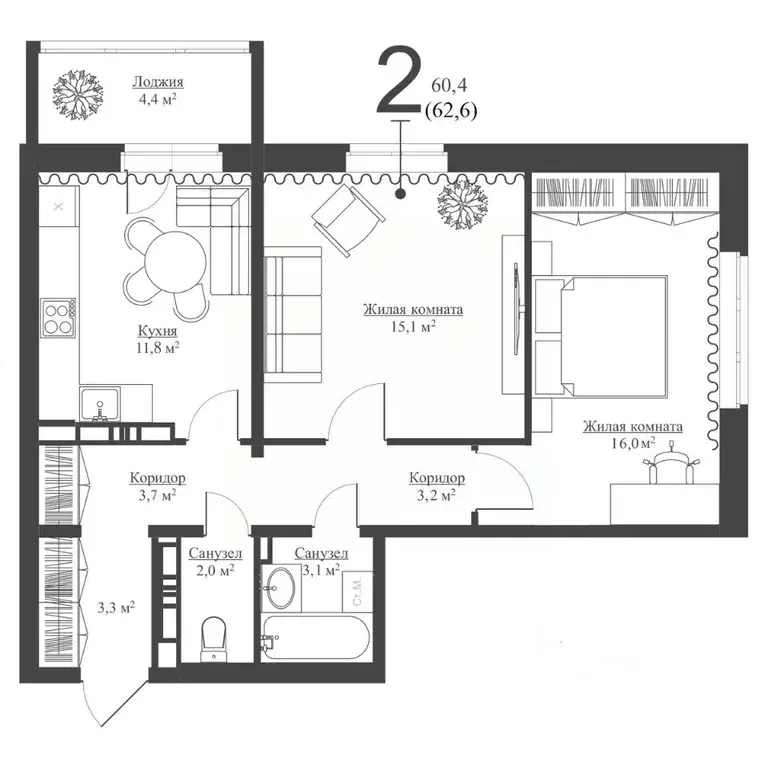 2-к кв. Татарстан, Зеленодольск Мирный мкр,  (60.4 м) - Фото 1