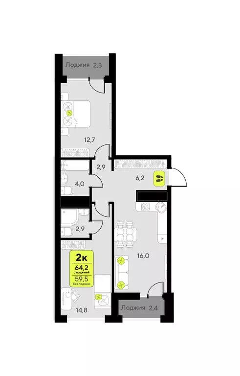2-комнатная квартира: Тюмень, улица Андрея Приказнова, 1 (64.2 м) - Фото 1