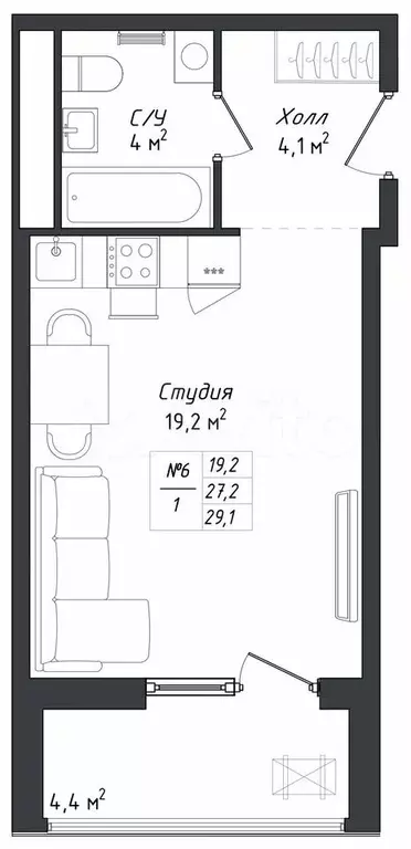 Квартира-студия, 32,7 м, 15/18 эт. - Фото 0