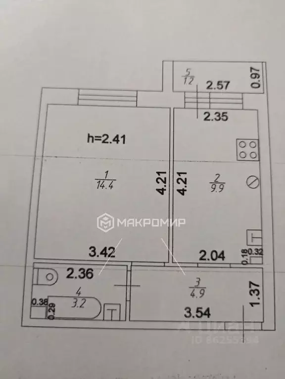 1-к кв. Татарстан, Казань ул. Дмитрия Менделеева, 17 (32.4 м) - Фото 2