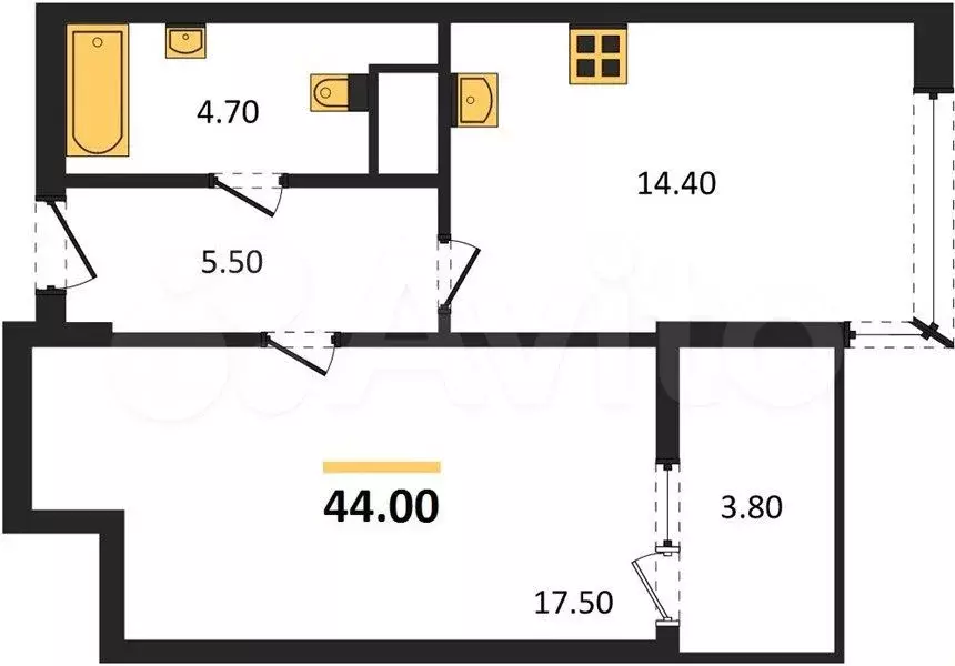 1-к. квартира, 44 м, 1/4 эт. - Фото 1