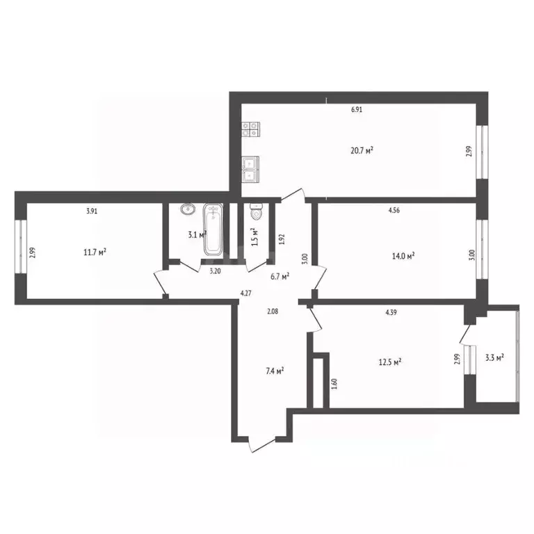 3-к кв. Тюменская область, Тюмень ул. Николая Зелинского, 24 (77.7 м) - Фото 2