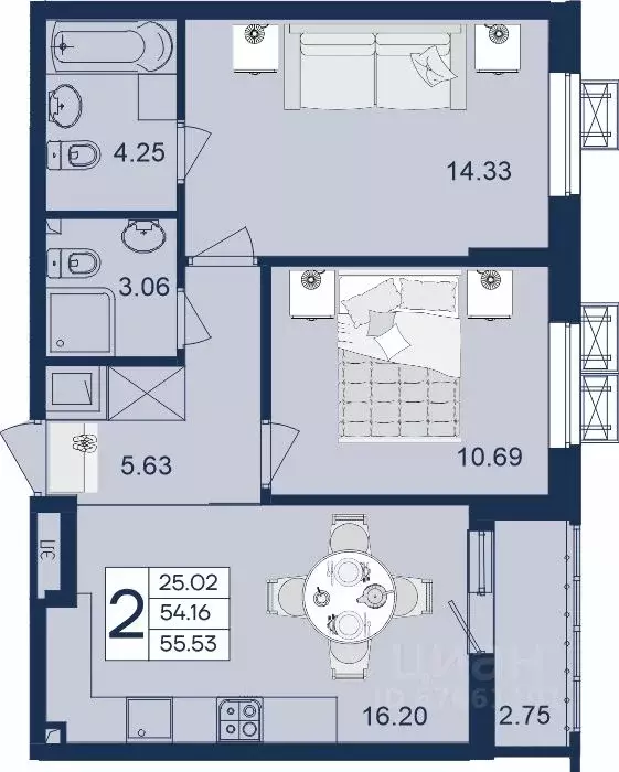 2-к кв. Краснодарский край, Краснодар  (55.53 м) - Фото 1