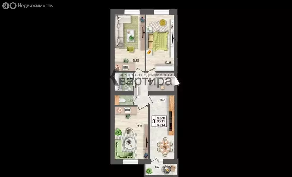 3-комнатная квартира: Смоленск, Краснинское шоссе, 28А (69 м) - Фото 2