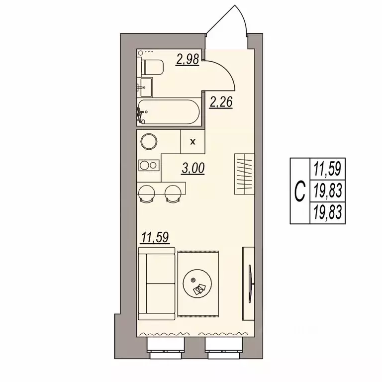 Студия Волгоградская область, Волгоград ул. Расула Гамзатова (19.83 м) - Фото 1