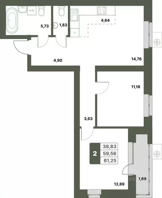 2-к кв. Башкортостан, Уфимский район, с. Миловка  (61.25 м) - Фото 0