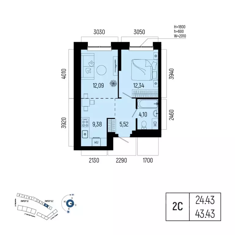 2-к кв. Башкортостан, Уфа Глумилино-1 мкр, Новатор жилой комплекс ... - Фото 1