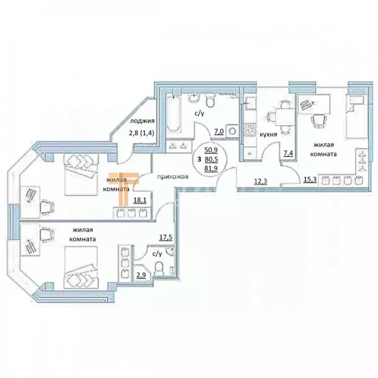 3-к кв. Пермский край, Пермь бул. Гагарина, 32Б (79.8 м) - Фото 2