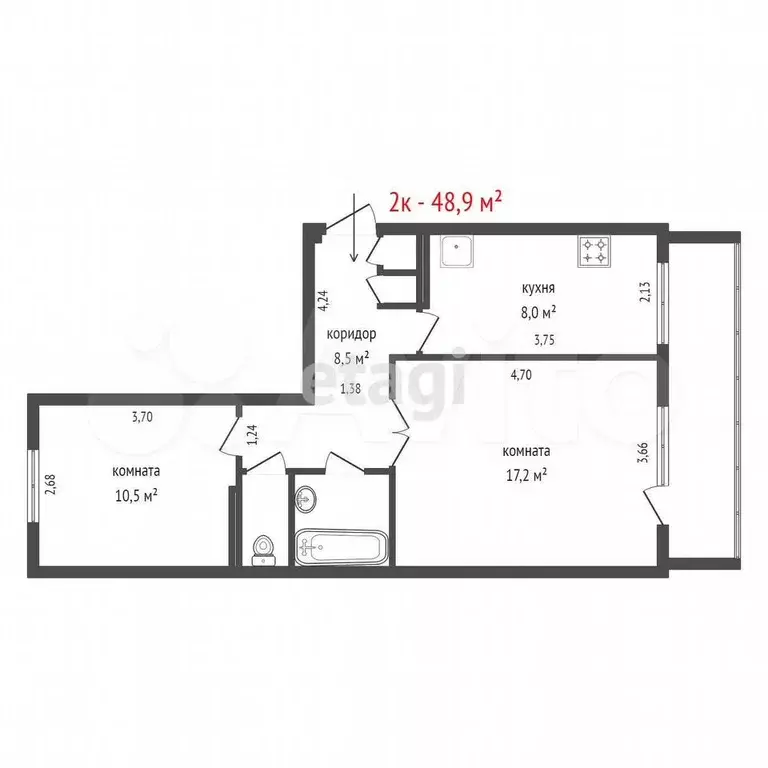 2-к. квартира, 48,9 м, 7/9 эт. - Фото 0