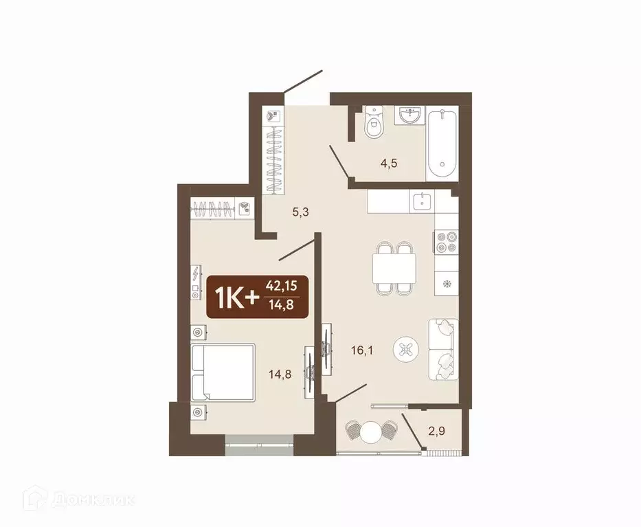 Продаётся 1-к квартира, 42.15 м - Фото 0