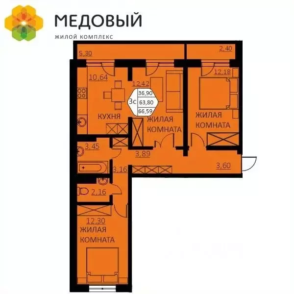 3-к кв. Пермский край, д. Кондратово ул. Г.Н. Нифантова, 4А (66.59 м) - Фото 0