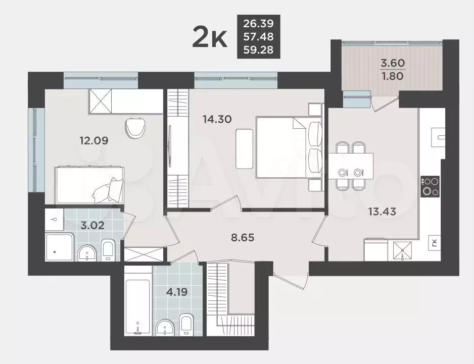2-к. квартира, 58 м, 3/9 эт. - Фото 1