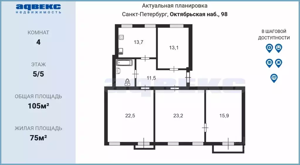 4-к кв. Санкт-Петербург Октябрьская наб., 98К1 (105.0 м) - Фото 2