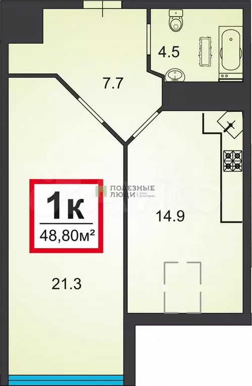 1-к. квартира, 48,8 м, 8/8 эт. - Фото 0