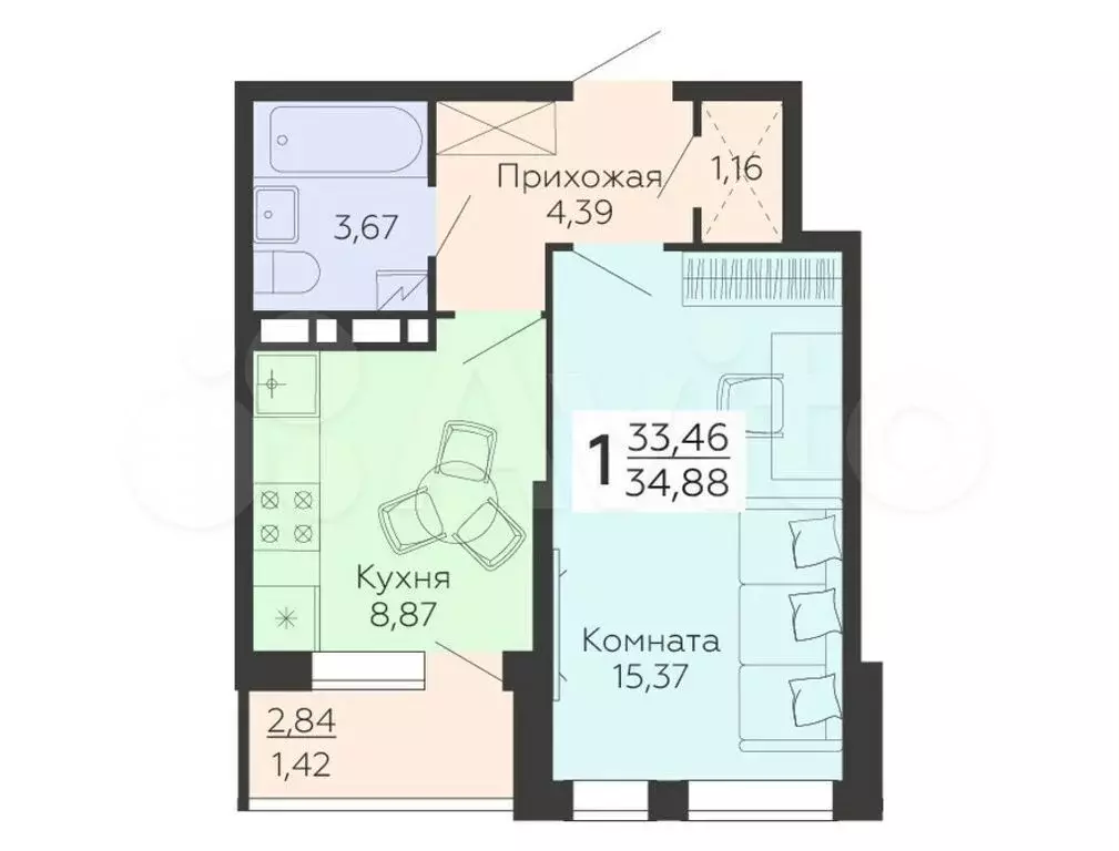 1-к. квартира, 34,9 м, 12/18 эт. - Фото 0