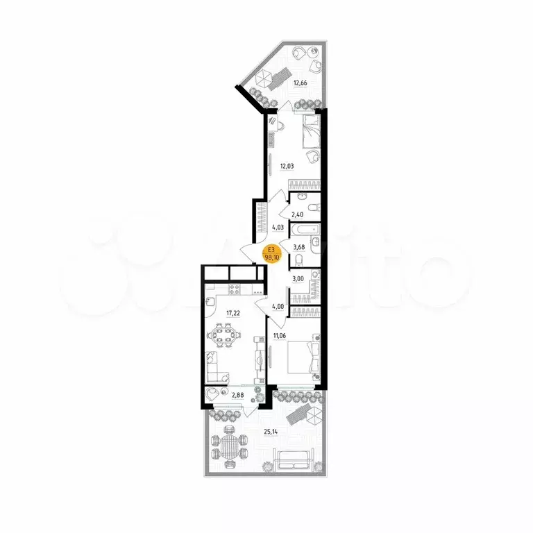 2-к. квартира, 98,1 м, 1/25 эт. - Фото 1