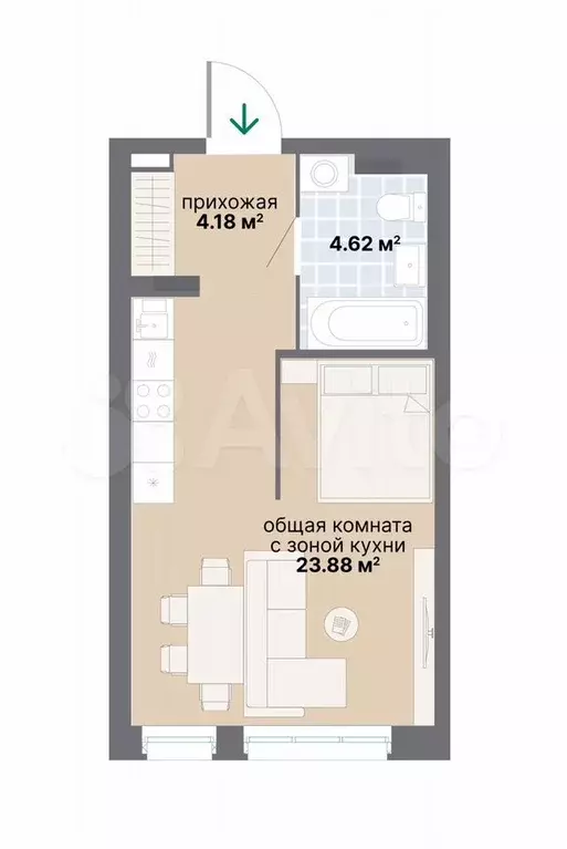 Квартира-студия, 32,7 м, 2/26 эт. - Фото 0