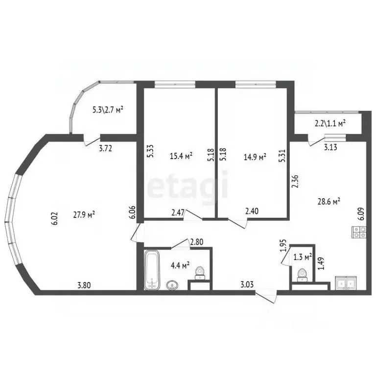 3-к кв. Санкт-Петербург ул. Вавиловых, 7к4 (92.5 м) - Фото 2