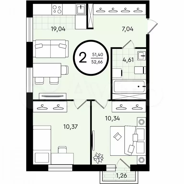 2-к. квартира, 52,7 м, 4/4 эт. - Фото 0