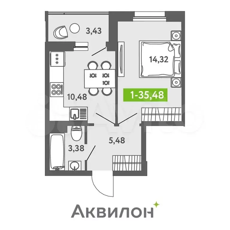 1-к. квартира, 34,9 м, 1/13 эт. - Фото 1