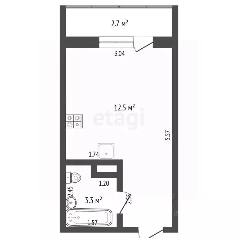 Студия Тюменская область, Тюмень ул. Новоселов, 117 (15.7 м) - Фото 2
