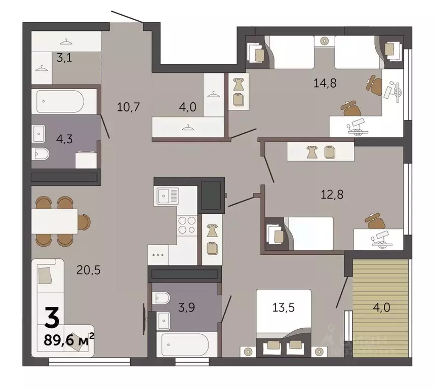 3-к кв. Свердловская область, Екатеринбург Южный жилрайон,  (89.6 м) - Фото 2