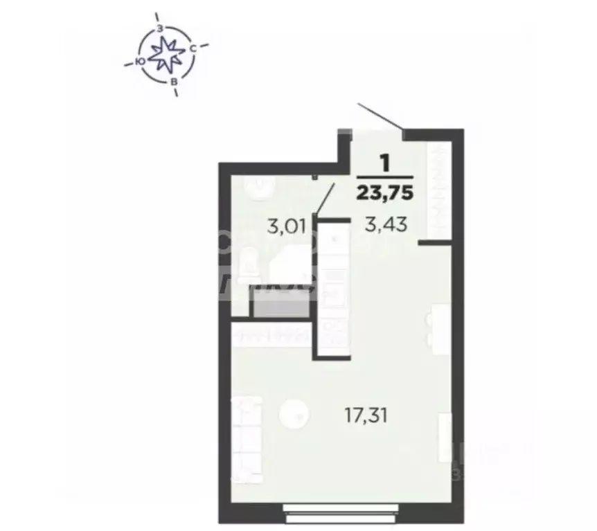 Студия Рязанская область, Рязань ул. Полина, 3 (23.4 м) - Фото 1